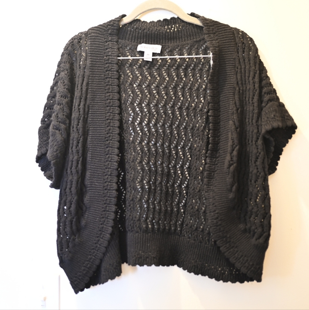 Black Open-Knit Cotton Ramie Cropped Cardigan Shrug 2XL Dolman Sleeve Whimsygoth